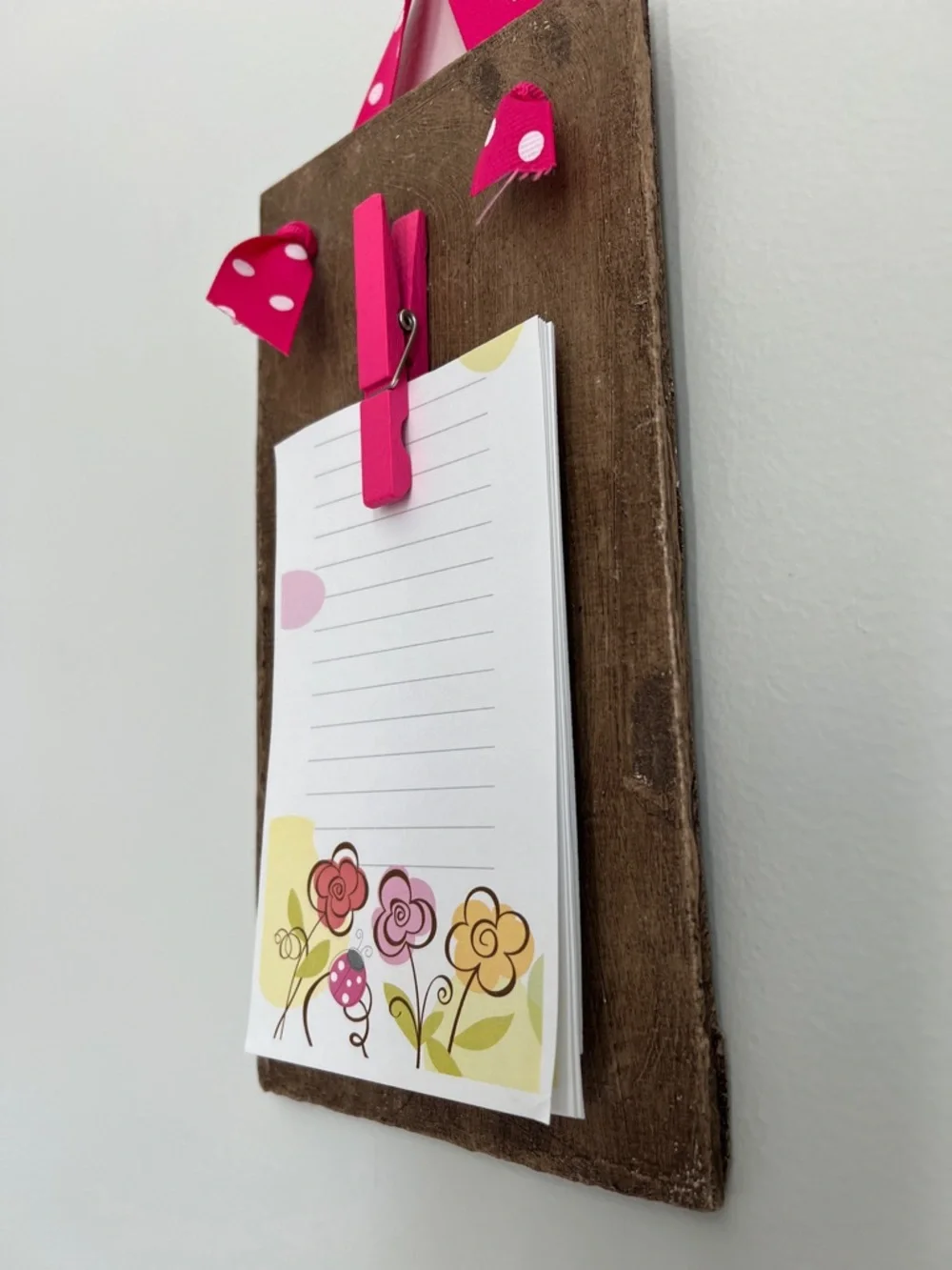 Handmade & Upcycled Pink Polka Dot Ribbon Note Holder Clip 12.25” x 5”